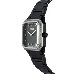 Analogowy zegarek Karat Squared z paskiem z czarnego aluminium i cyrkoniami