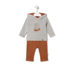 Boys outfit in striped fabric with bear in Grey unique