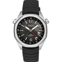 Zegarek gmt automatyczny z czarnym silikonowym paskiem, stalową kopertą i tarczą z masy perłowej TOUS Now